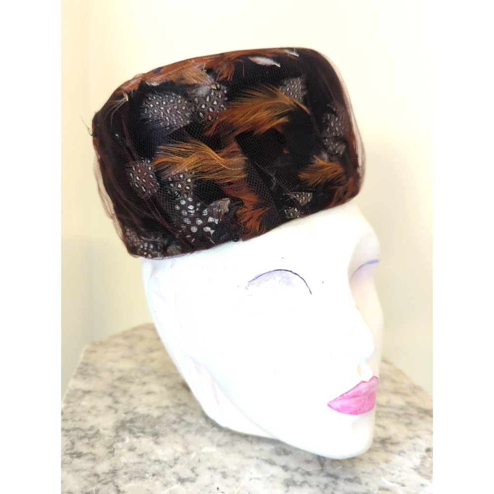 Vtg 1950s 1960s Brown Net Feather Pillbox Hat Mid Century Cocktail Fascinator